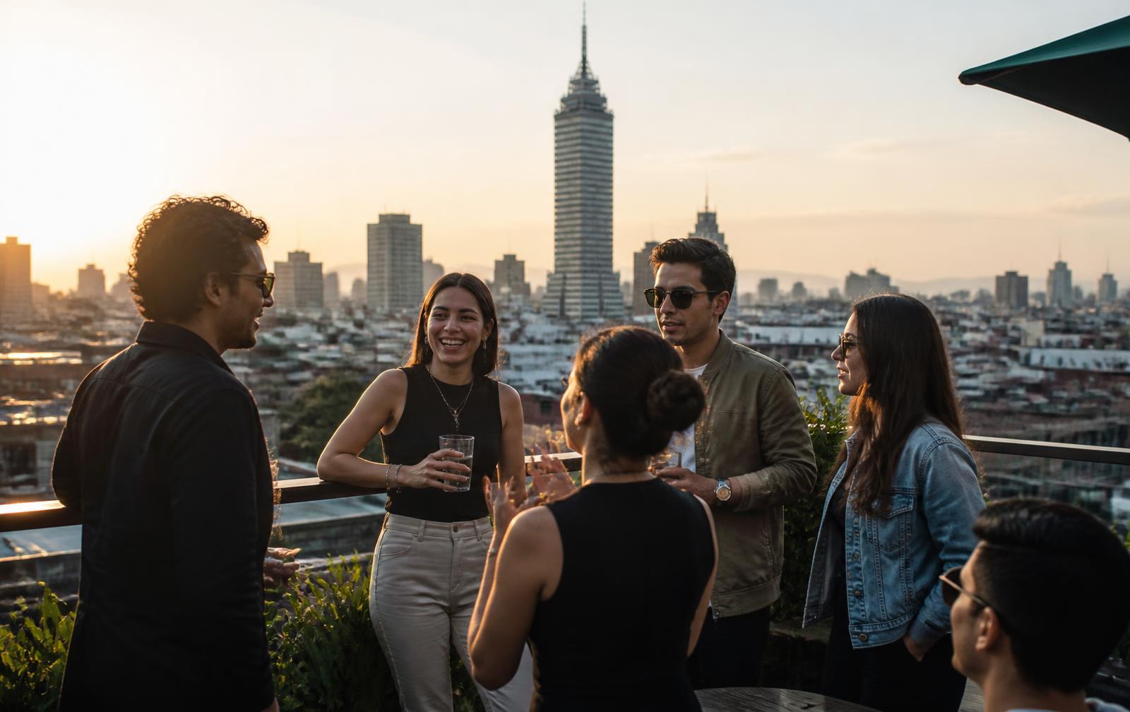 Profesionales conversando con la Ciudad de México al fondo
