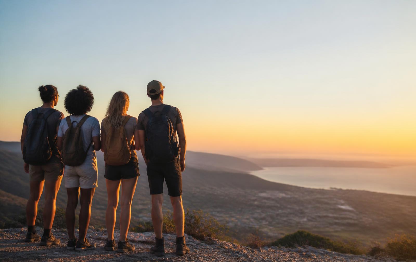 Grupo de viajeros contemplando un paisaje al atardecer